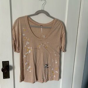 Free People Taupe Floral & Bird Embroidered Scoop Tee